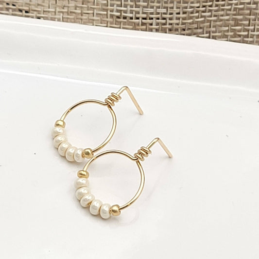 14k Gold Filled & Pearl Luster Beaded Hoop Earrings