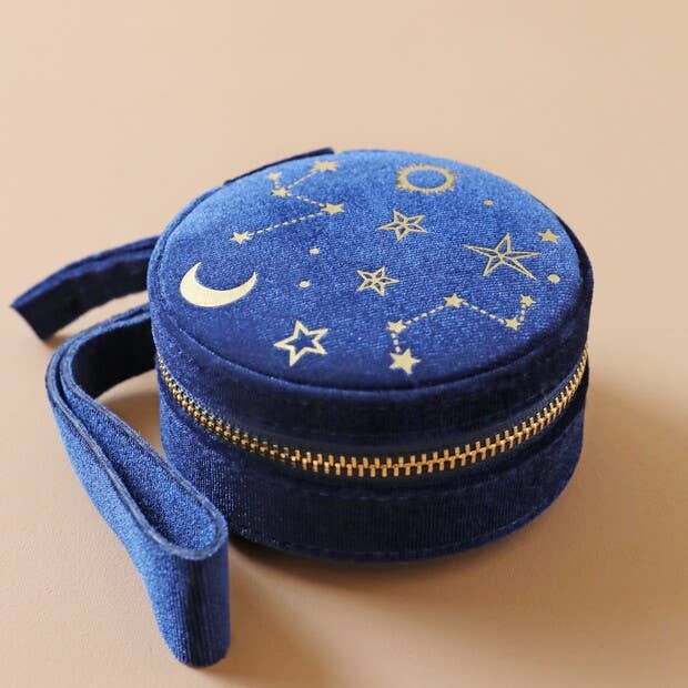 Starry Night Printed Velvet Round Jewellery Case in Navy