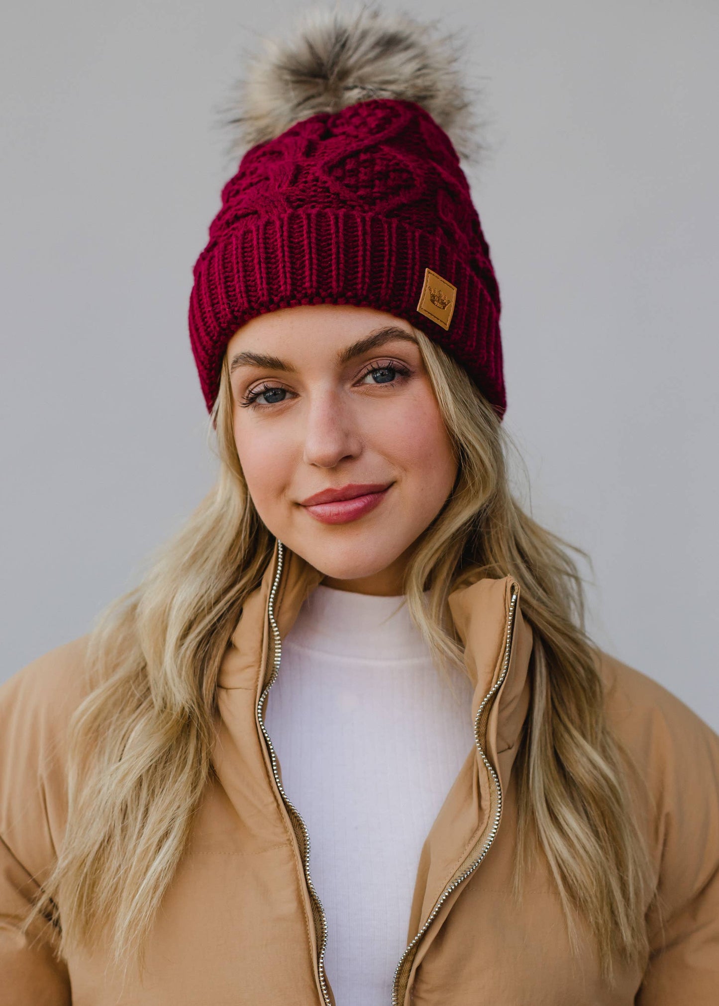 Burgundy Cable Knit Pom Hat