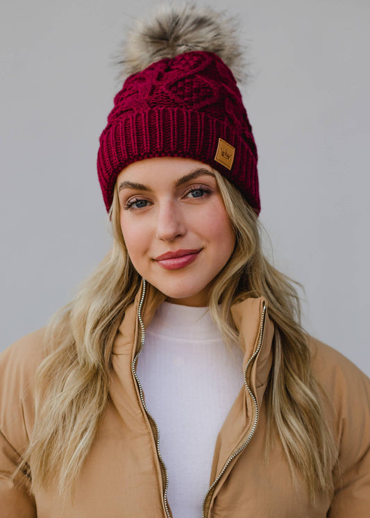 Burgundy Cable Knit Pom Hat