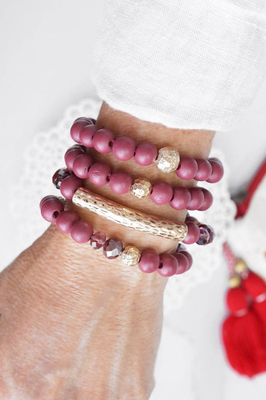 Individual x1 Beaded Wooden Burgundy Bracelet