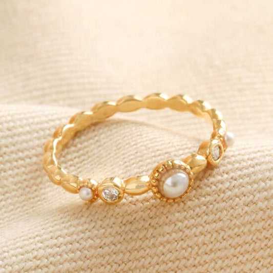 Dainty Pearl and Crystal Stacking Ring in Gold S/M