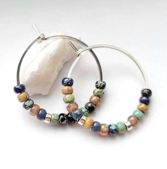 Sterling Silver Hoops with Colorful Picasso Beads