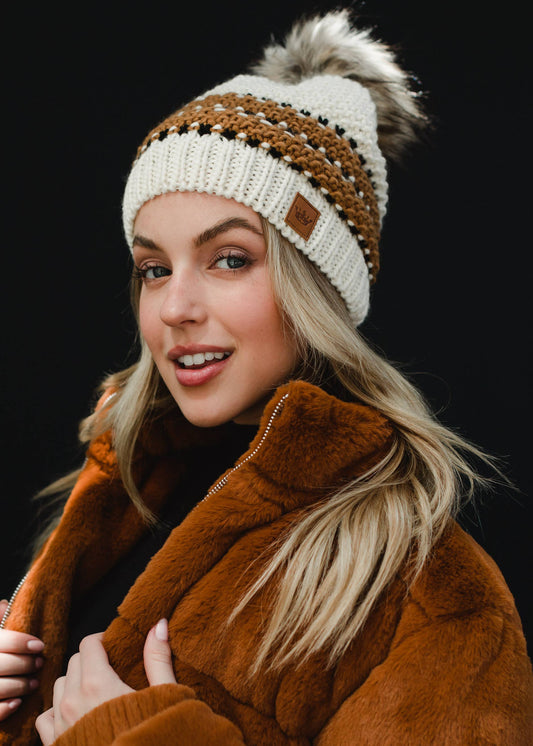 Cream, Mustard & Black Patterned Pom Hat