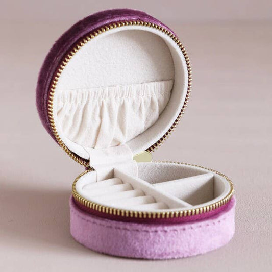 Mauve Pink Velvet Round Travel Jewellery Case