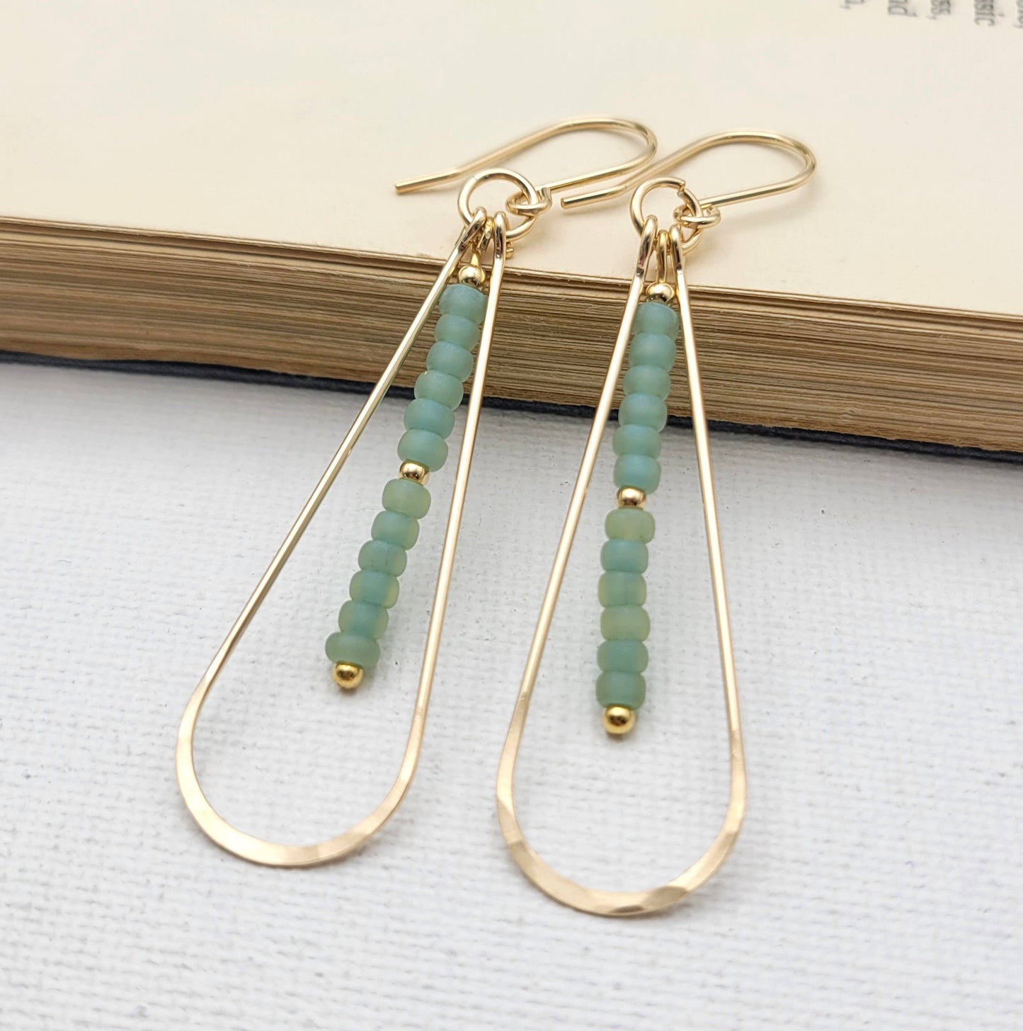 Long 14k Gold Filled Hoop Earrings with Sea Glass Green Bead