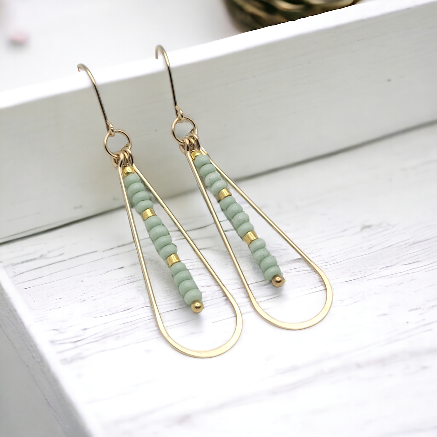 Long Gold Teardrop Hoop Earrings with Mint Green Seed Beads