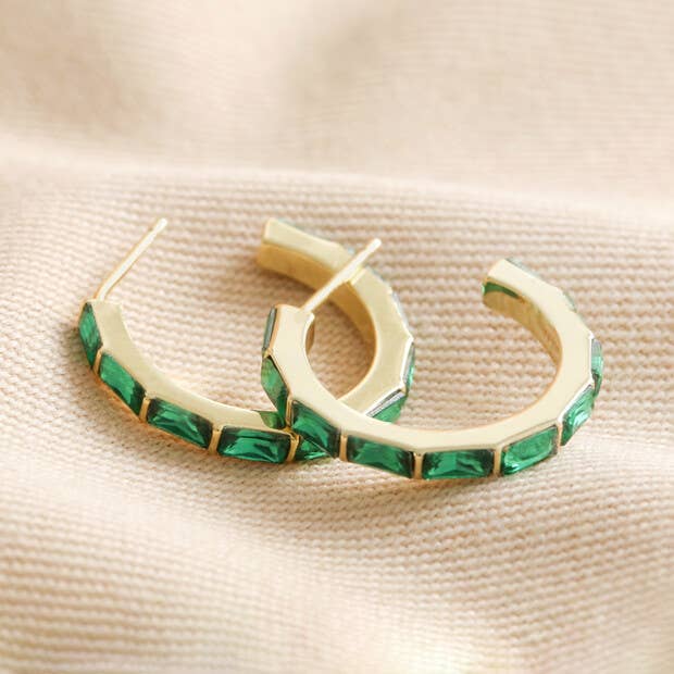 Green Crystal Hoop Earrings in Gold