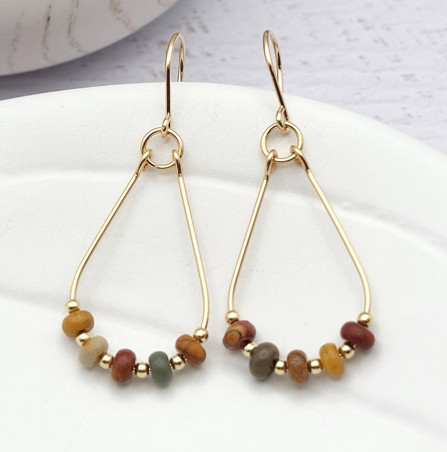 Gold & Red Creek Jasper Teardrop Hoop Earrings