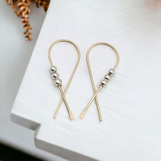 Gold Threader Ribbon Earrings with Silver Beads