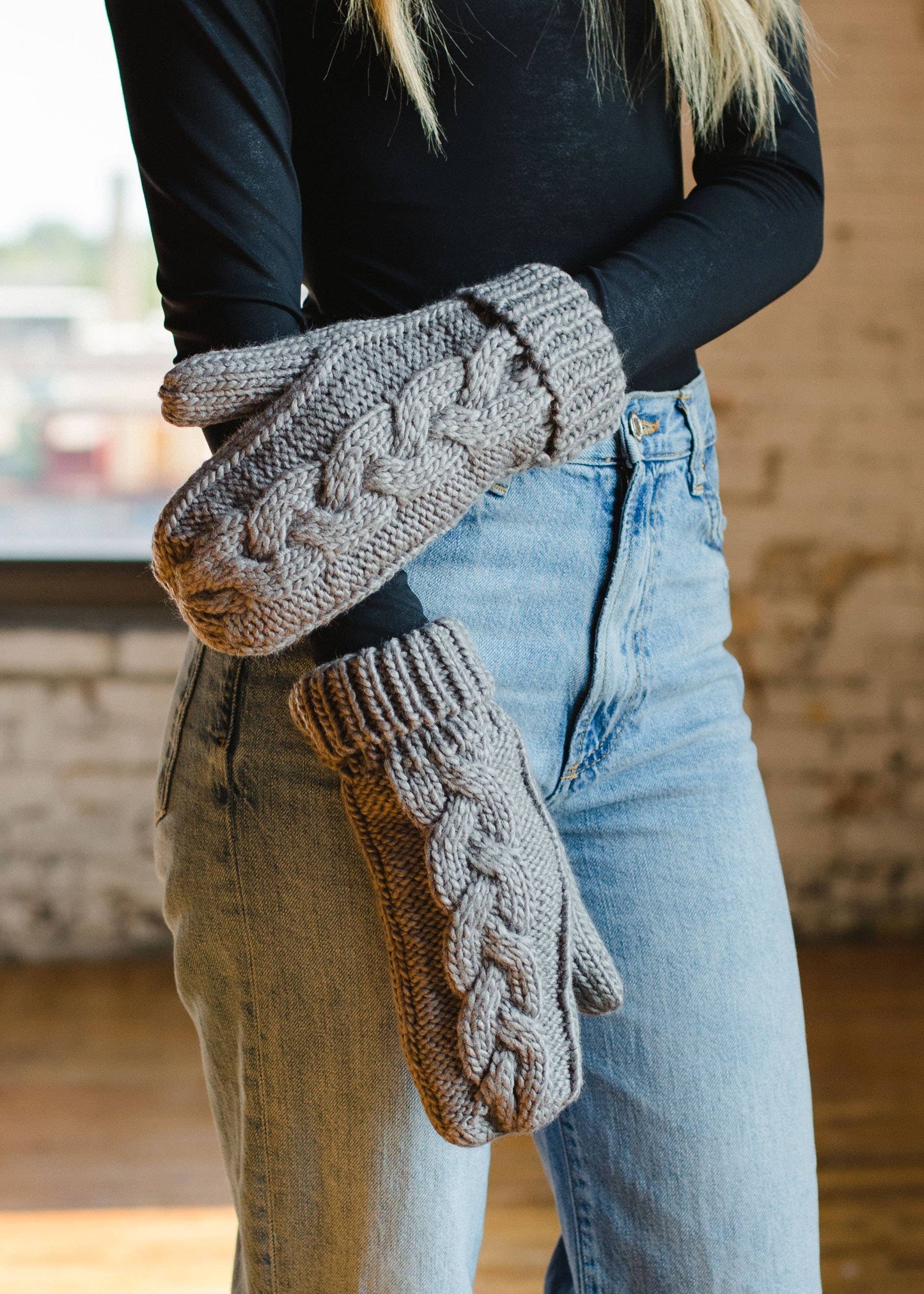 Gray Braided Knit Mittens