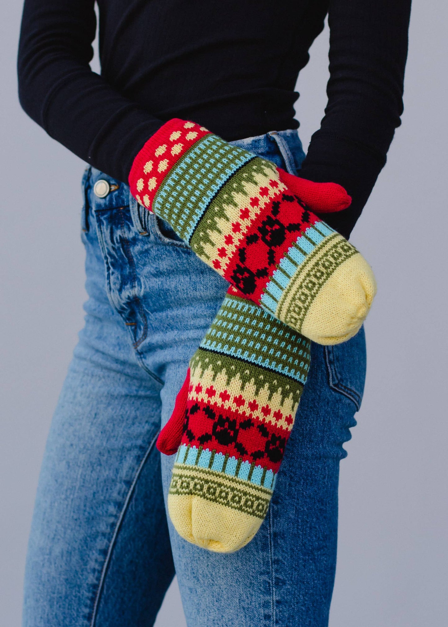 Yellow, Red & Black Patterned Knit Mittens