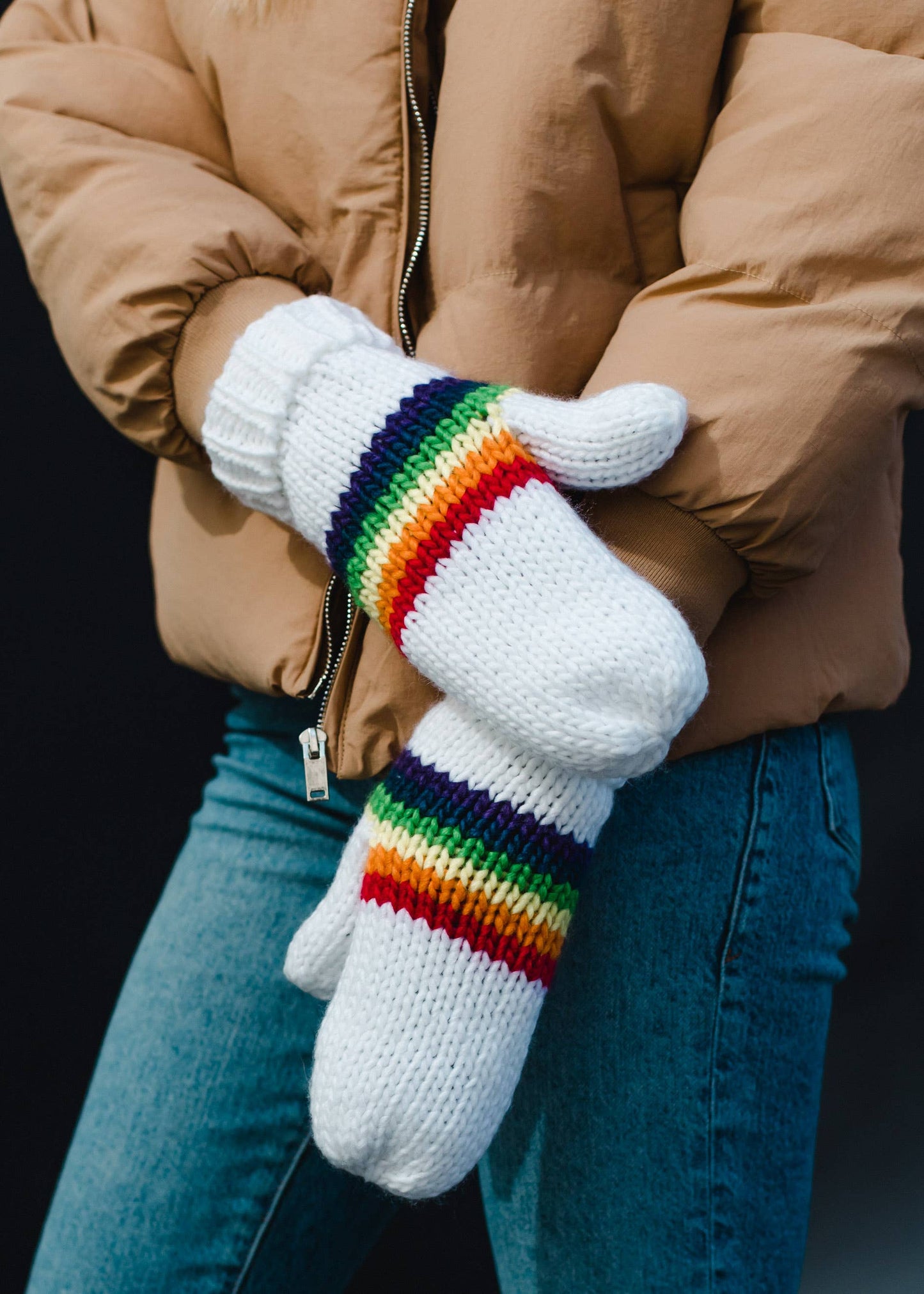 White & Rainbow Striped Mittens