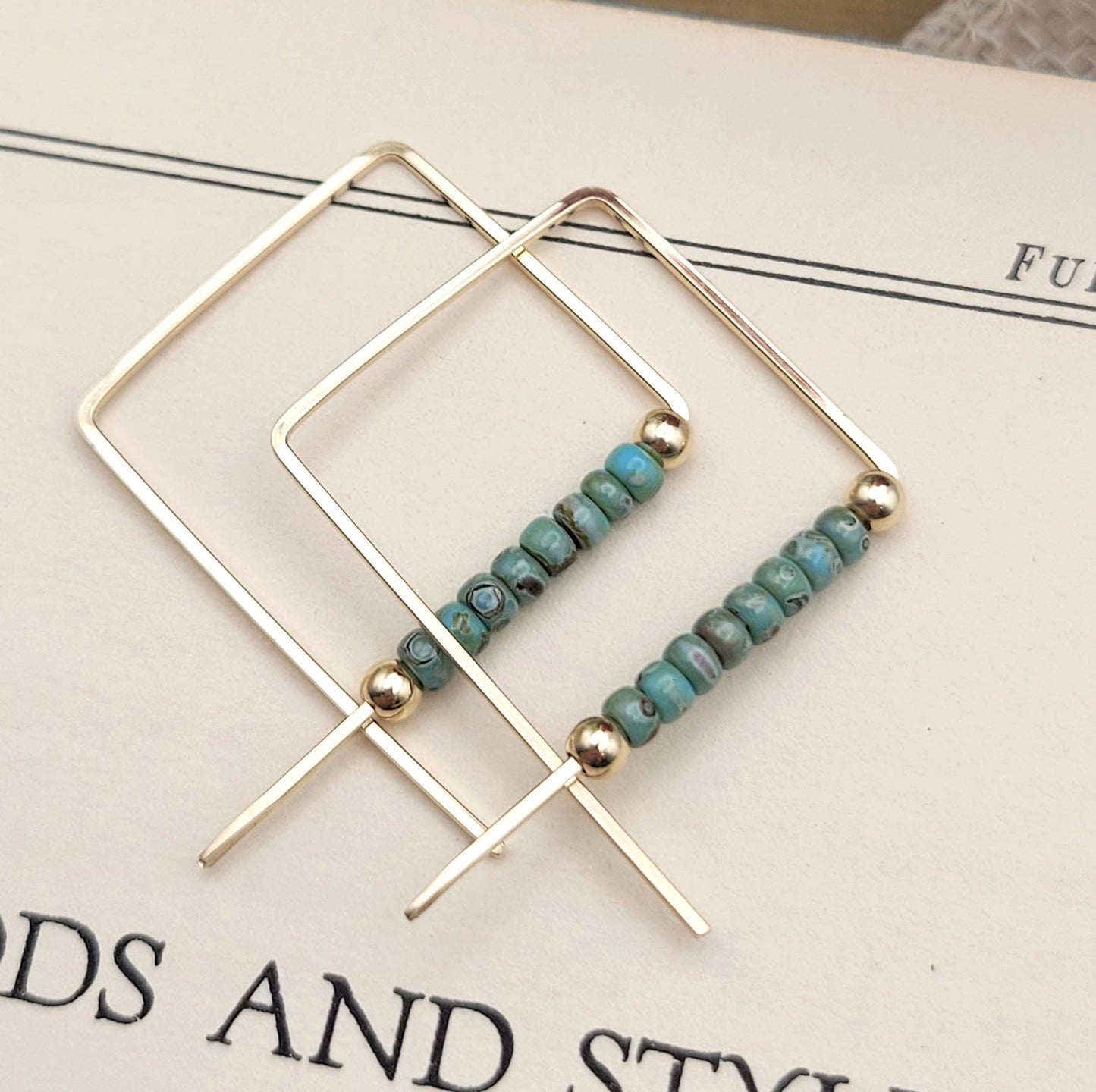 14k Gold Square Threader Hoops with Turquoise Beads