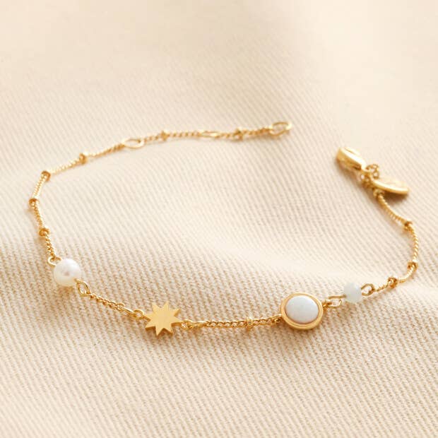 Pearl and Crystal Moon and Stars Bracelet in Gold