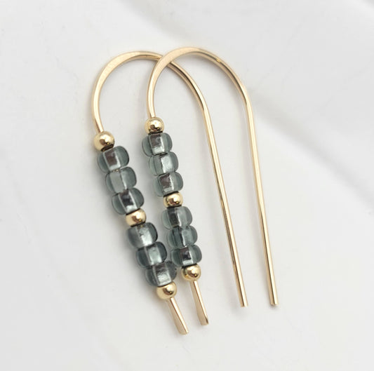 Gold Earrings - Beaded Threaders in Smokey Quartz