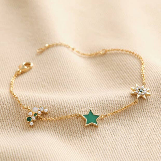 Green Enamel Star Sun and Moon Charm Bracelet in Gold