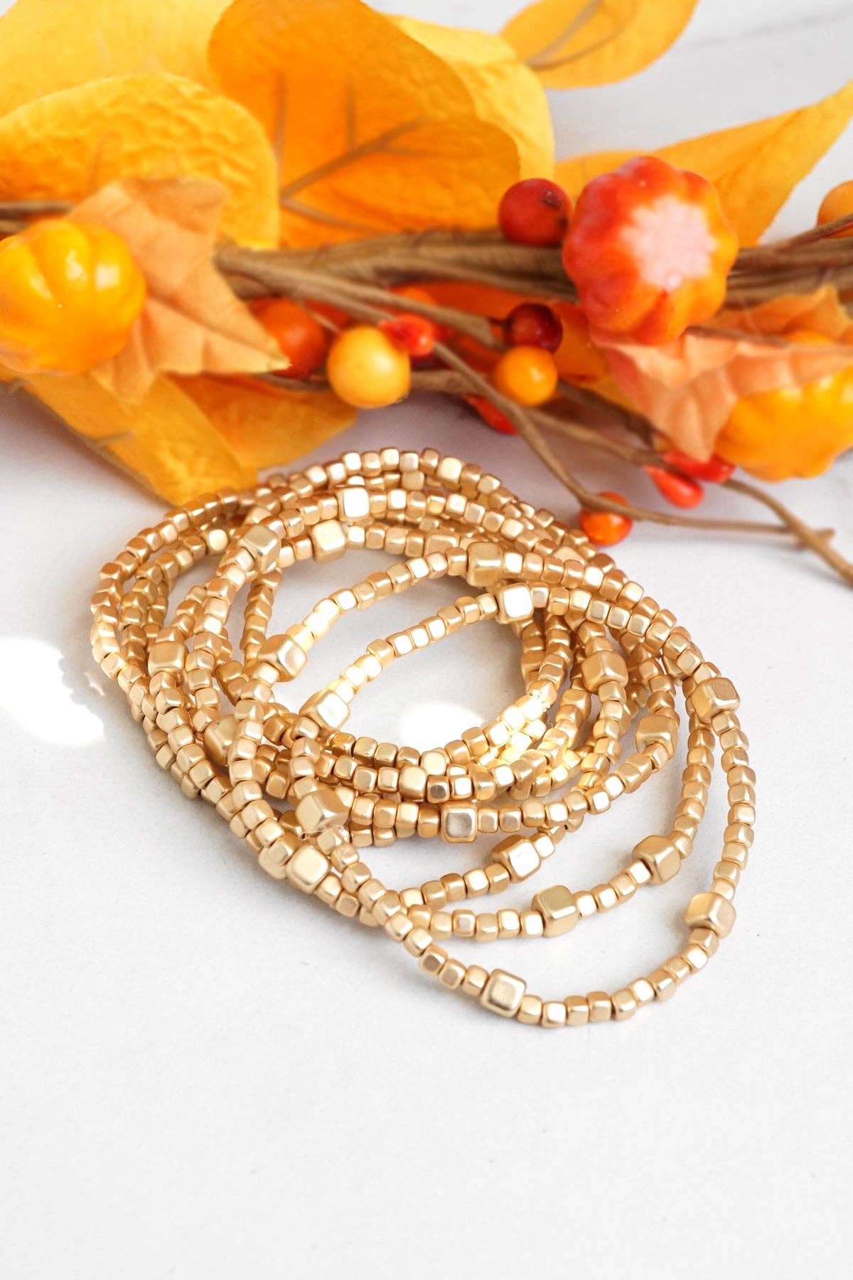 Beaded bracelets set golden stretchy