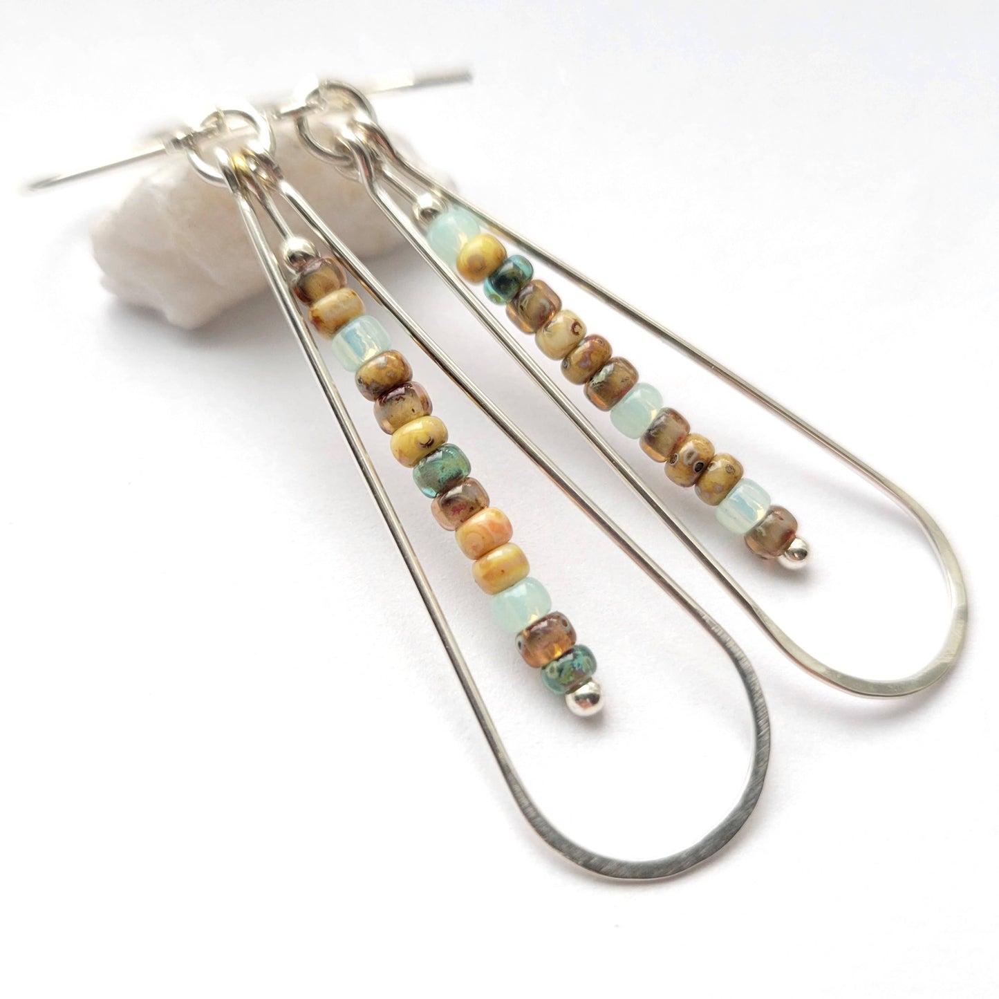 Long Silver Hoop Earrings with Multi Colored Beads