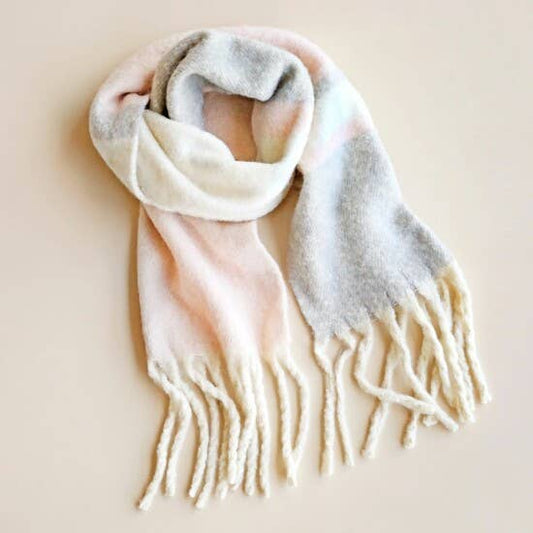 Pastel Pink Light Grey Striped Winter Scarf