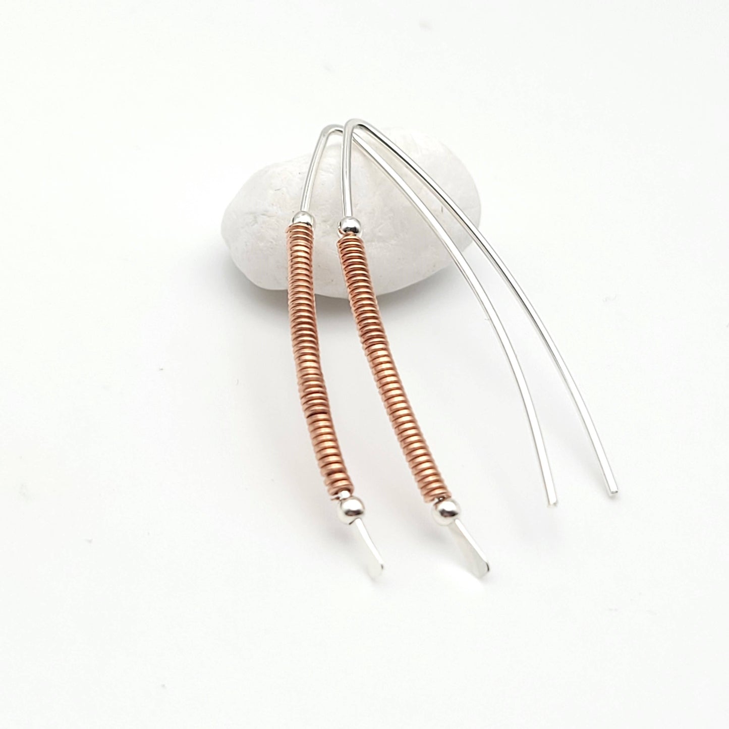 Silver and Copper Coil Wishbone Threader Earrings