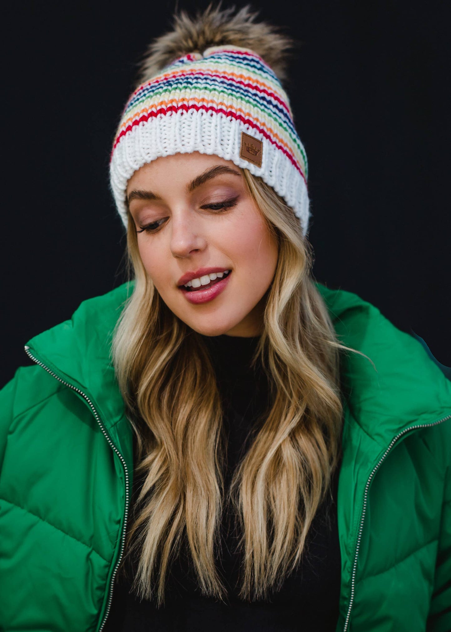 White & Rainbow ZigZag Striped Pom Hat