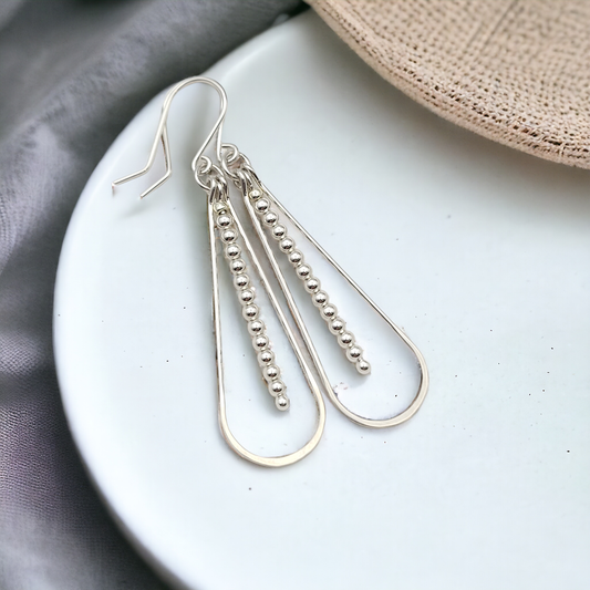 Long Silver Teardrop Hoop Earrings with Silver Beads