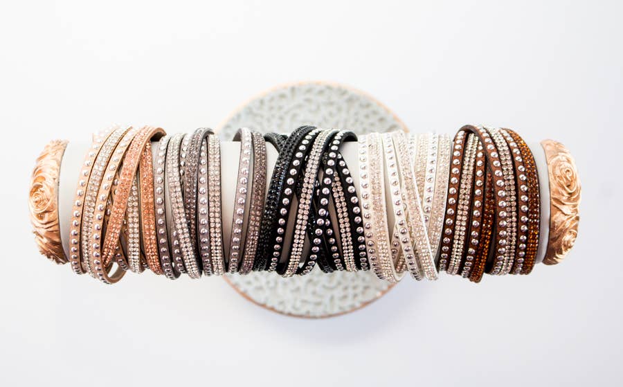 Josie Crystal & Silver Studded Leather Wrap Bracelet