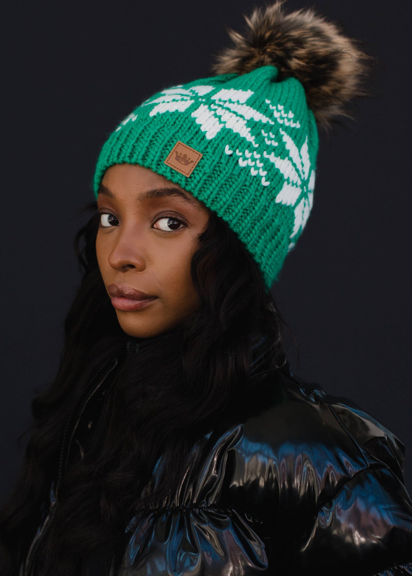 Green & White Snowflake Pom Hat