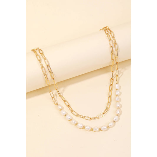 Pearl Beads Layered Chain Link Necklace