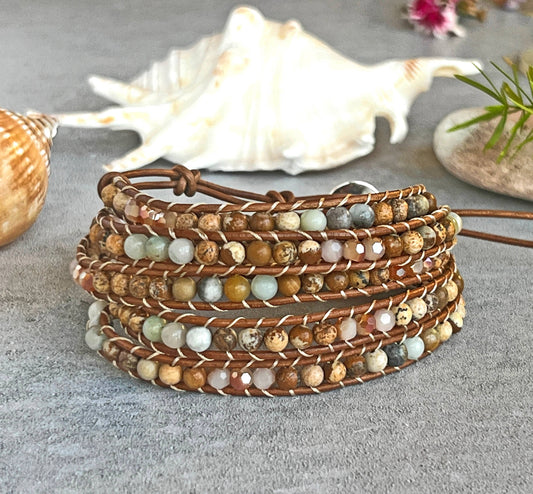 Amazonite and Picture Jasper Five Wrap Bracelet