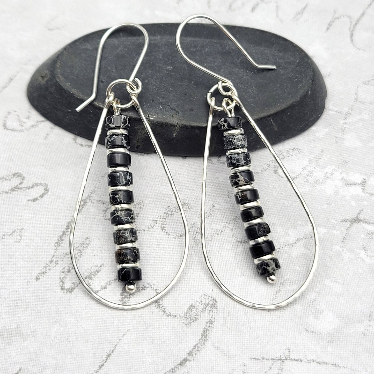 Black Jasper and Silver Teardrop Hoop Earrings