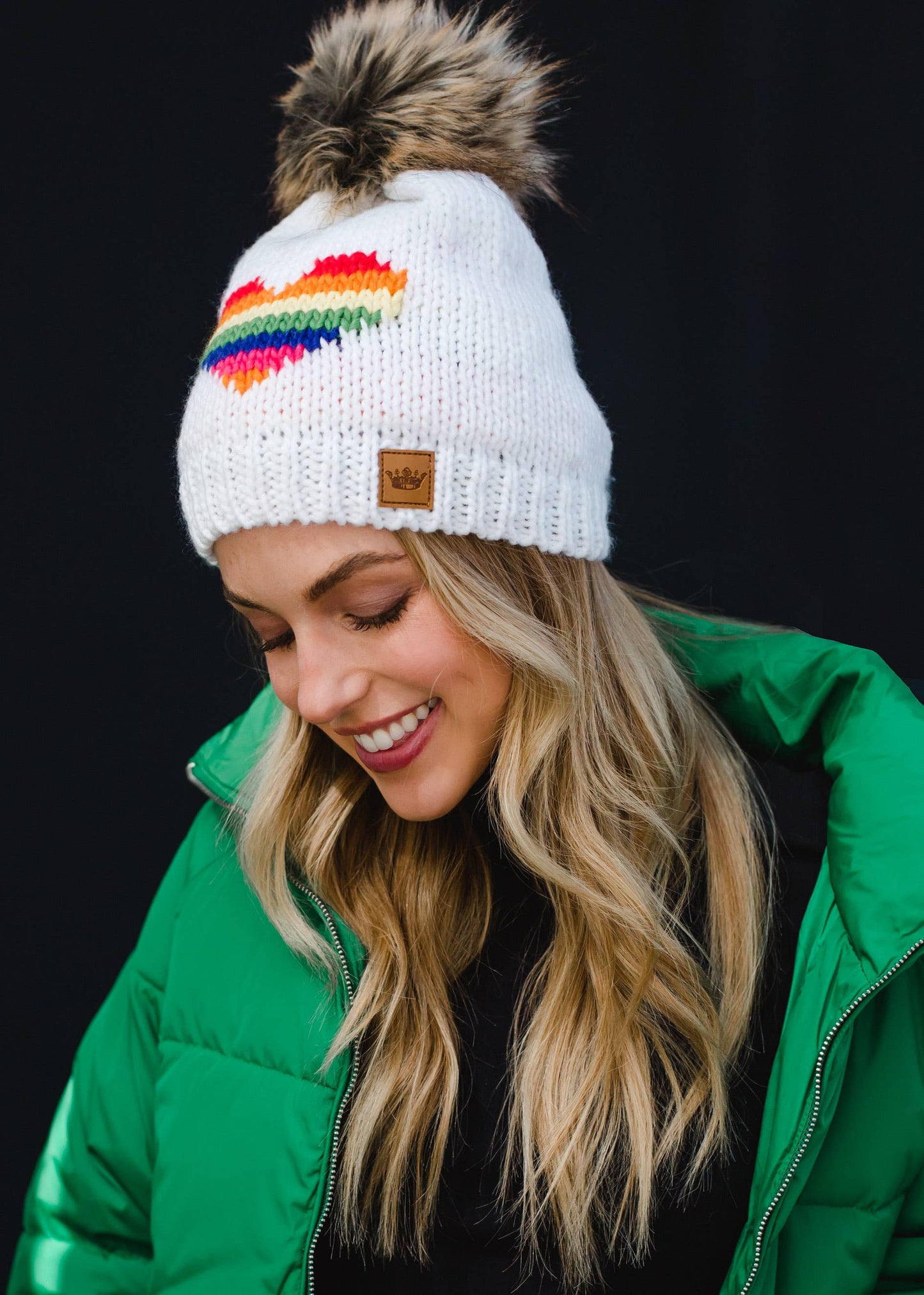 White & Rainbow Heart Pom Hat