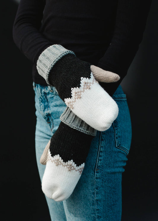 White, Charcoal, Gray & Taupe Patterned Mittens