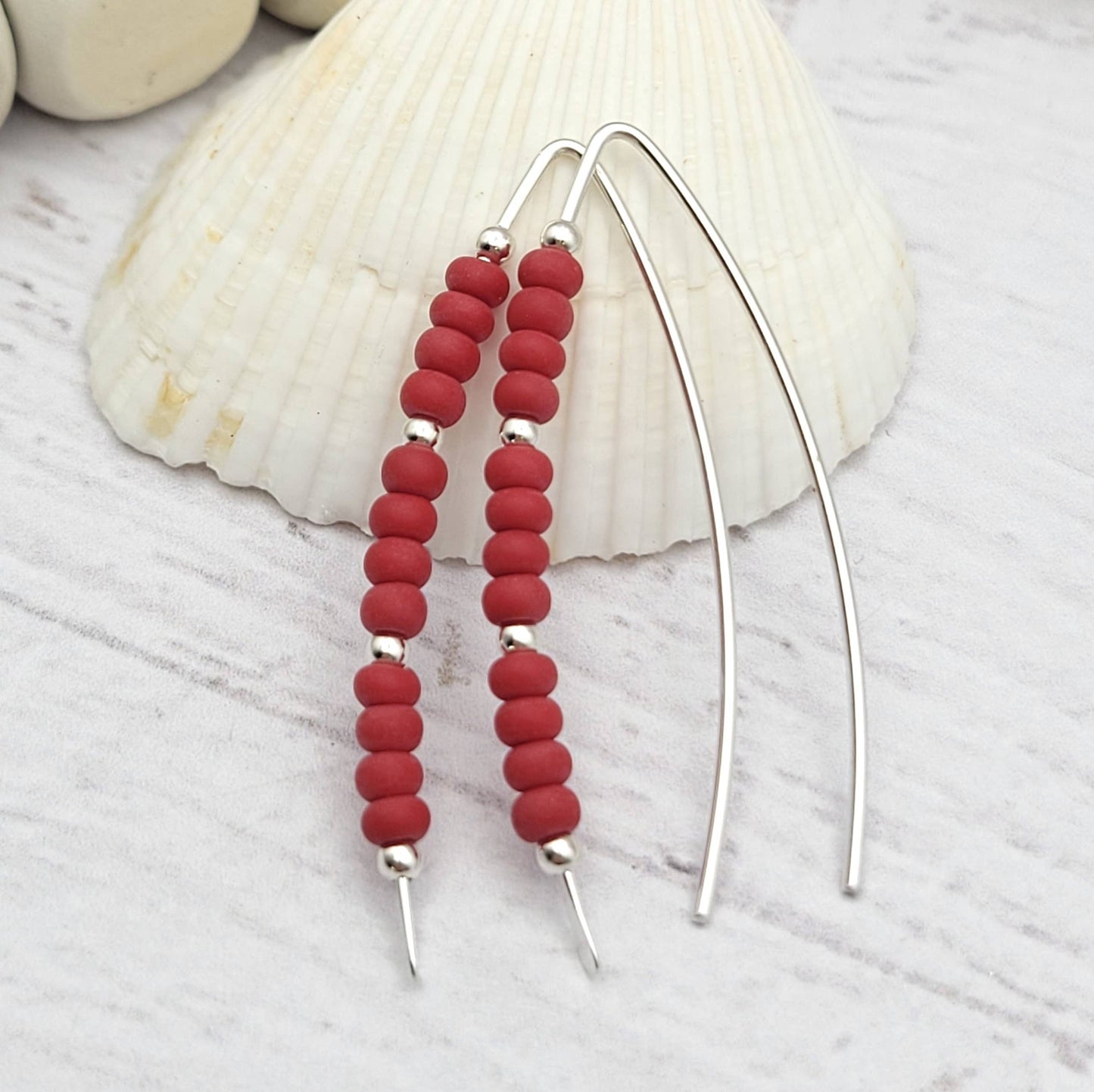 Red & Silver Beaded Silver Threader Earrings