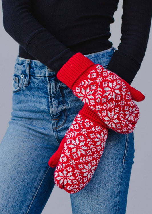 Red & White Snowflake Knit Mittens