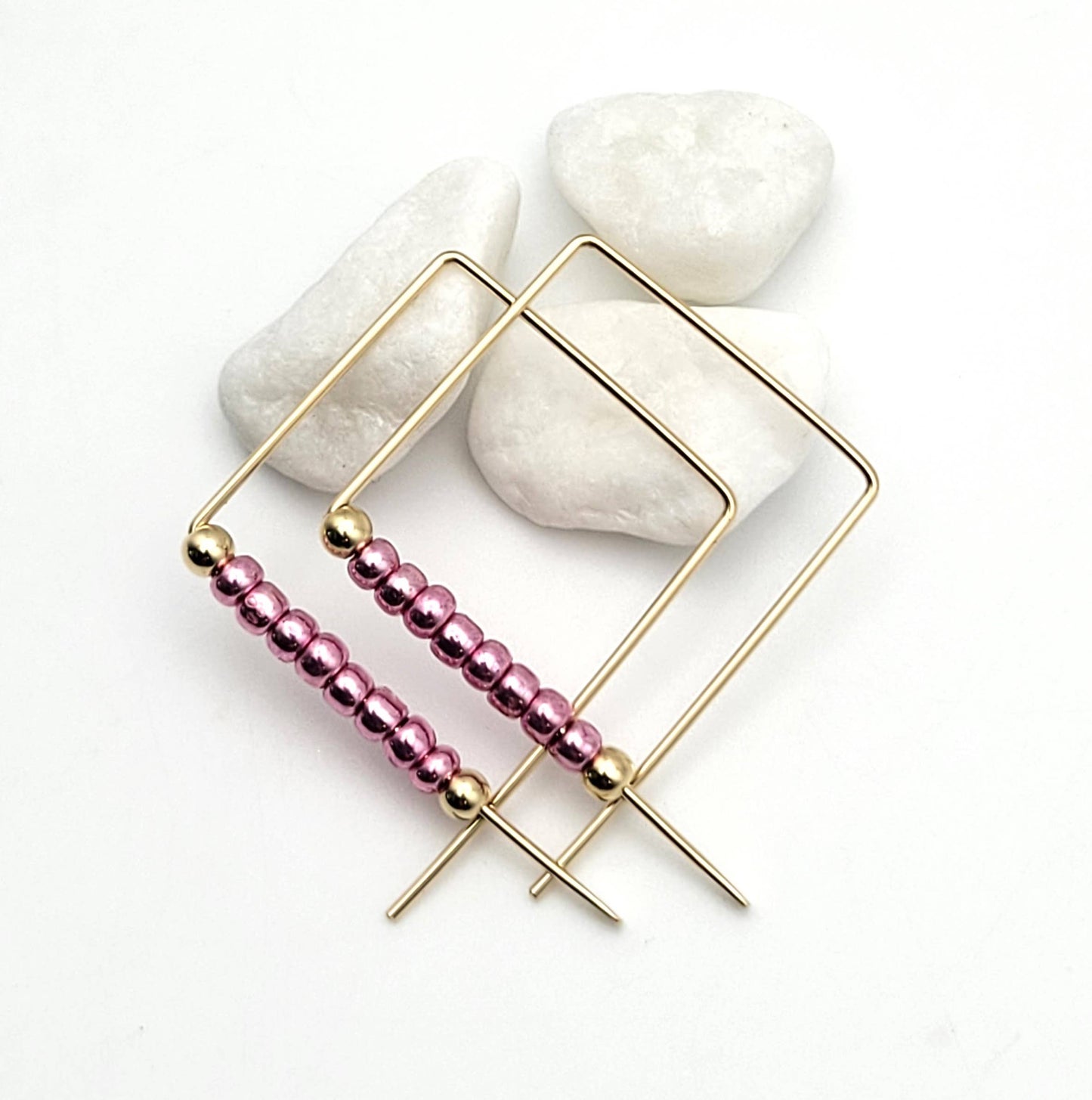 Gold Square Threader Hoops with Metallic Pink Beads