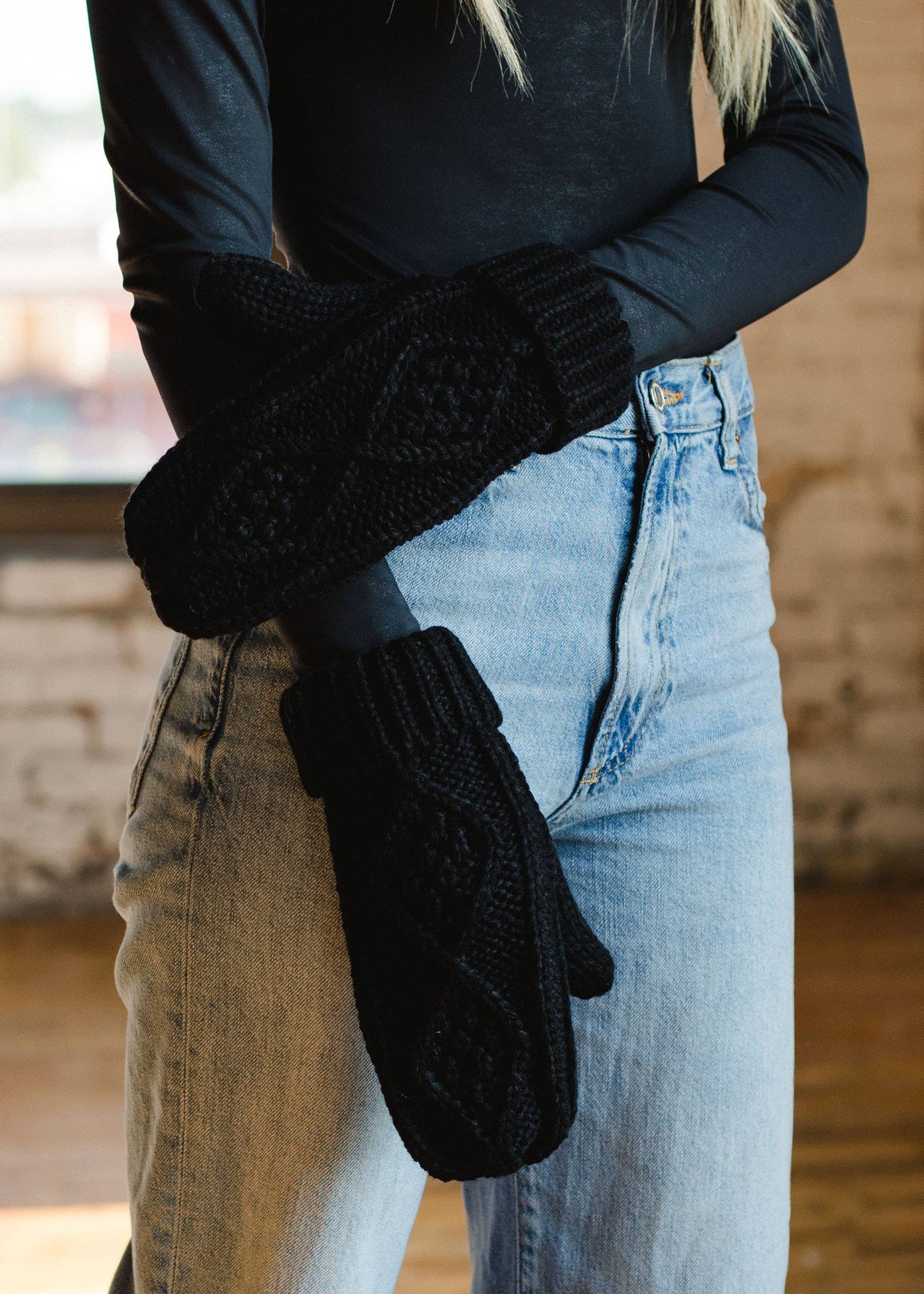 Black Cable Knit Mittens