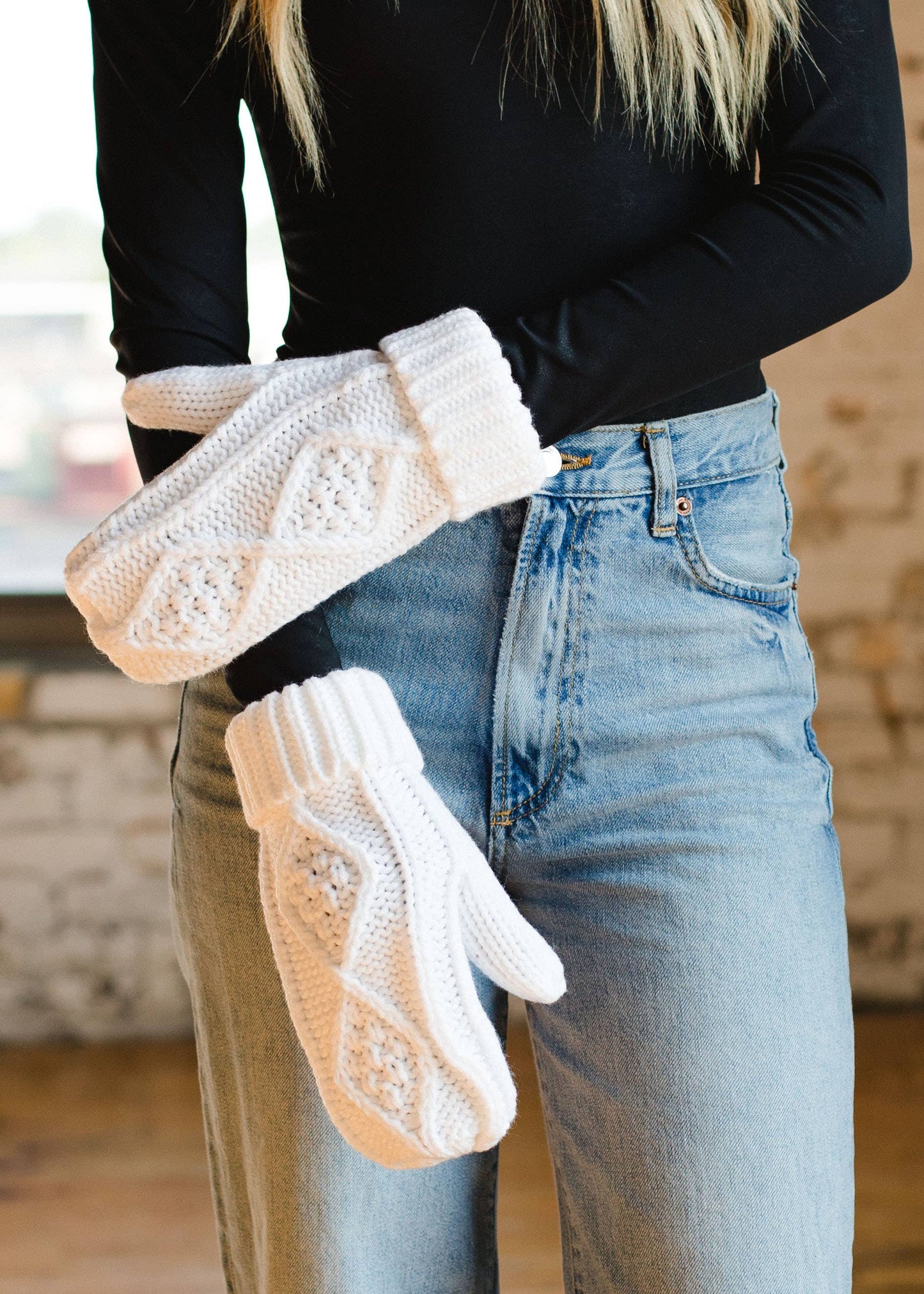 White Cable Knit Mittens